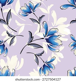 Seamless floral pattern, colorful ditsy print, abstract ornament in retro folk motif. Pretty decorative art botanical design of hand drawn large, small flowers, leaves, wild herbs. Vector illustration.