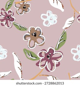 Patrón floral sin fisuras, estampado colorido ditsy, adorno abstracto en motivo popular retro. Diseño botánico del arte decorativo bonito de las flores Grandes, Pequeñas, hojas, hierbas silvestres dibujadas a mano. Ilustración vectorial.