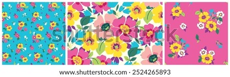 Seamless floral pattern, colorful ditsy print, abstract flower ornament of hand drawn flowers. Bright botanical surface design: large and small flowers, leaves, simple bouquets. Vector illustration.