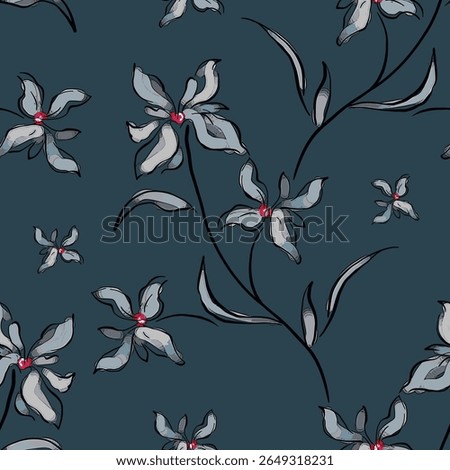 Seamless floral pattern, colorful ditsy print, abstract ornament in retro folk motif. Pretty decorative art botanical design of hand drawn large, small flowers, leaves, wild herbs. Vector illustration