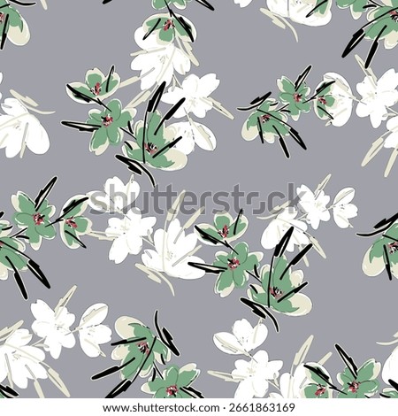  Seamless floral pattern, colorful ditsy print, abstract ornament in retro folk motif. Pretty decorative art botanical design of hand drawn large, small flowers, leaves, wild herbs. Vector illustratio
