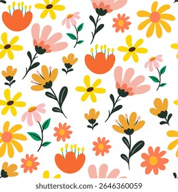 Patrón floral sin fisuras con flores y hojas de diseño plano colorido sobre fondo blanco. Perfecto para la tela, el Fondo de pantalla, el papel de embalaje, y proyectos de diseño de primavera temática