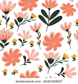 Seamless floral pattern with colorful flat design flowers and leaves on white background. Perfect for fabric, wallpaper, wrapping paper, and spring-themed design projects