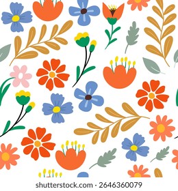 Seamless floral pattern with colorful flat design flowers and leaves on white background. Perfect for fabric, wallpaper, wrapping paper, and spring-themed design projects