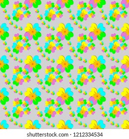Seamless floral pattern of colorful flower petals, brown and red pollen on gray background. Flat design vector, EPS10. Use as background, wallpaper, gift wrap paper, tile and fabric prints.