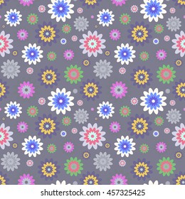 Seamless floral pattern in colorful flower elements on dark gray background. 