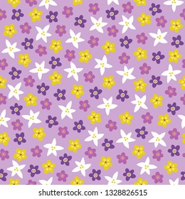 Seamless floral pattern with colorful flowers on light violet background. Perfect for wallpaper, gift paper, spring and summer greeting cards 