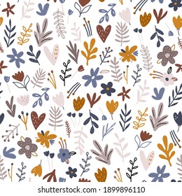 Seamless floral pattern with colorful flowers, branches, hearts. Vector background. Great for fabric, textile, apparel.