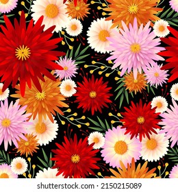 seamless floral pattern with colorful flowers and leaves on  background.