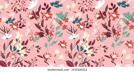 
Seamless floral pattern with colorful flowers, leaves on a bright pastel pink background. Fresh wildflowers spring, summer botanical print for textiles, wallpapers, covers... Vector illustration.