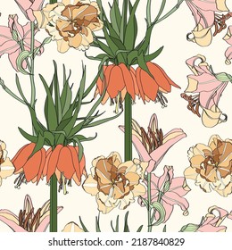 Seamless floral pattern with colorful flowers tulips, lilies and daffodils, leaves on beige background. Hand drawn.For textile, fashion, wallpapers, wrapping paper. 