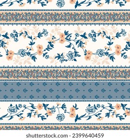 Seamless floral pattern with colorful flowers and leaves. Vector vintage background, border for wallpaper, fabric, gift wrap, digital paper, fills, etc. Shabby chic style