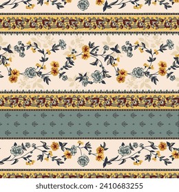 Seamless floral pattern with colorful flowers and leaves. Vector vintage background, border for wallpaper, fabric, gift wrap, digital paper, fills, etc. Shabby chic style