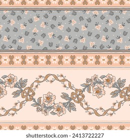 Patrón floral sin foco con flores y hojas coloridas. Fondo vectorial vintage, borde para papel de pared, tela, envoltura de regalo, papel digital, rellenos, etc. Estilo chic Shabby