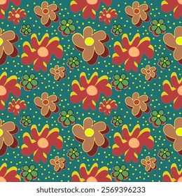 Seamless floral pattern with colorful flowers, leaves, and butterflies in a retro design