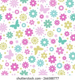 Seamless floral pattern. Colorful flowers and butterflies, white background.