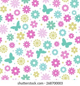 Seamless floral pattern. Colorful flowers and butterflies, white background.