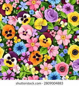 Seamless floral pattern with colorful flowers. Vector multiclored floral print. Hand-drawn illustration, not AI