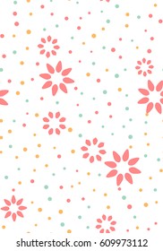 Diseño floral impecable con flores coloridas y puntos sobre un fondo blanco. Textura extensible vectorial.