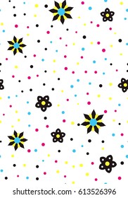 Seamless floral pattern with colorful flowers and dots on a white background. Vector repeating texture.