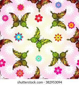 Seamless floral pattern with colorful gradient butterflies, vector eps10