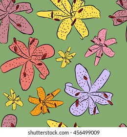 Seamless floral pattern with colorful lily.  Colorful summer background for creative art projects, textile printing, packaging. Vector illustration drawn by hand.