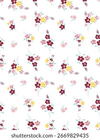 Patrón floral sin fisuras con coloridas flores de primavera en rosa, amarillo y borgoña sobre fondo blanco.