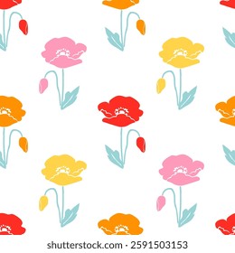 Seamless floral pattern with colorful stylized poppy flowers in red, pink, yellow, and orange on a white background. Modern Vector illustration.