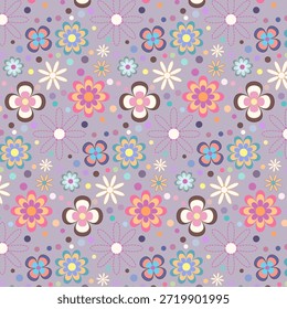 Patrón floral sin fisuras con flores estilizadas de colores, círculos decorativos y fondo pastel suave. Ilustración alegre, armoniosa y equilibrada adecuada para el diseño textil, la impresión de telas, el Fondo de pantalla, el papel de regalo, la papelería, el embalaje y los fondos digitales.