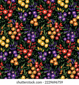 Seamless floral pattern with colorful summer meadow, artistic tiny plants. Cute flower print, liberty ditsy design with small hand drawn flowers, leaves, twigs on green background. Vector illustration