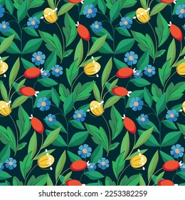Seamless floral pattern with colorful summer meadow. Cute decorative flower print, botanical design with wild plants: small berries, flowers, leaves, twigs on a green background. Vector illustration.