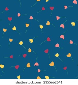 Motif floral harmonieux de fleurs de tulipes colorées, feuilles et pétales. Fleurs printanières dessinées à la main pour le tissu, les imprimés, la décoration, les cartes d'invitation. Rétro des années 70