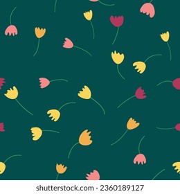 Seamless floral pattern with colorful tulip flowers, leaves and petals. Hand drawn spring flowers for fabric, prints, decoration, invitation cards. Retro from the 1970s