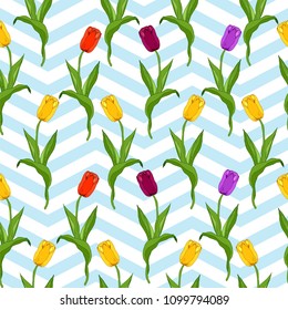 Seamless floral pattern with colorful tulips, yellow, purple, red