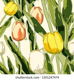 Seamless floral pattern. Colorful tulips, isolated on white background. Floral background. Watercolor painting. - Illustration-vector