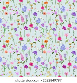 Seamless Floral Pattern with Colorful Wildflowers on Light Blue Background