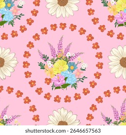 Seamless Floral Pattern with Colorful Wildflowers and White Daisies on Pink Background – Vibrant Botanical Garden Design Featuring Hibiscus, Hydrangea, and Daisy Blossoms for Fabric, Wallpaper