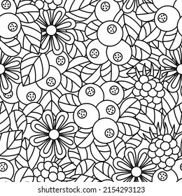 Seamless floral pattern. Coloring pages for adult . Berries and flowers with leaves. Hand drawn vector illustration.