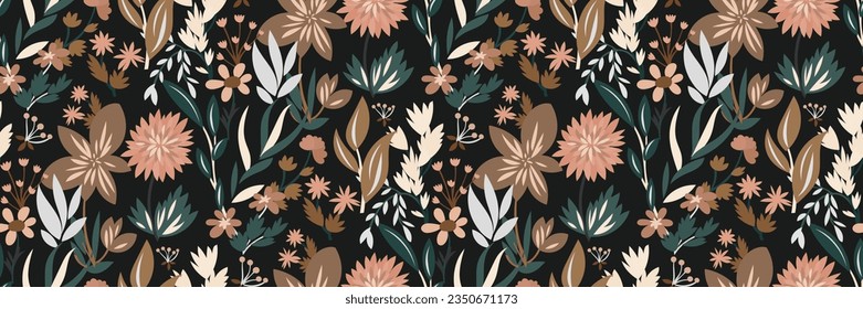 Seamless floral pattern with colors in a muted trending color palette, cute ditsy print with  botanical motif. Beautiful flower surface design with hand drawn plants: flowers, leaves, twigs...Vector