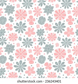 Seamless floral pattern of the colors pink and blue on a white background.