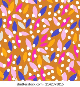 Patrón floral sin foco con hojas abstractas coloridas y puntos de polka blanca. Perfecto para el diseño de tejidos, papel pintado, vestimenta. Ilustración del vector
