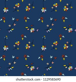 Seamless floral pattern with colourful flowers and leaves. Dark blue background. Vector illustration