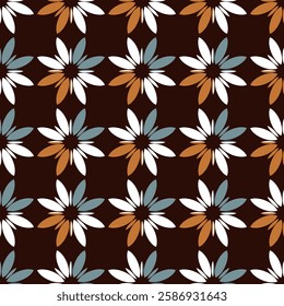 seamless floral pattern composed of daisy-like flowers with white, brown, and muted blue petals on a dark brown background. The symmetrical arrangement Background, vector illustration.