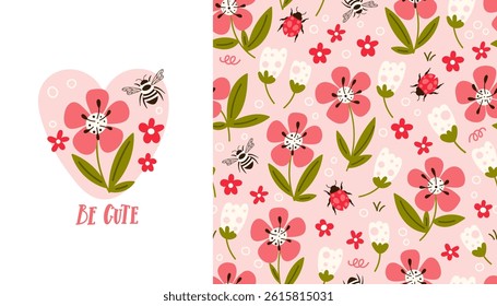 Seamless floral pattern and composition with flower and bee on heart background. Bright pink set with cartoon flowers for kids. Vector illustration.