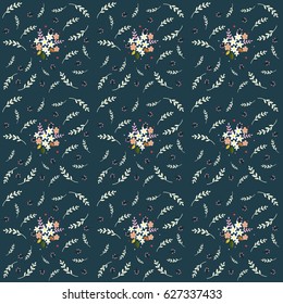 Seamless floral pattern composition small field flowers twigs berries leaves on navy background, fabric, tapestry, wallpaper design