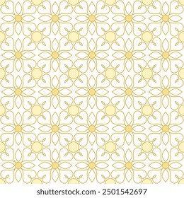 Seamless floral pattern consisting of heart and circle outlines in golden colors on a white background. Suitable for textile designs, fabrics, wallpapers, backgrounds, etc.