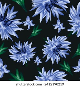 seamless floral pattern consisting of open buds of field, blue cornflower, green leaves and flower petals on a black background, for printing, textile or packaging