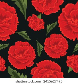 seamless floral pattern consisting of open buds of hairy carnations, green leaves and closed buds on a black background, vector