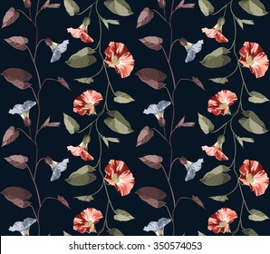 Seamless floral pattern. Convolvulus. Isolated on a dark background. Vector illustration can be used for wallpaper, pattern fills, web page background, print on fabric or wrapping paper