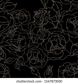 Seamless floral pattern with copper gold shiny outline  roses on a dark background.  Drawing flowers and buds vector illustration for fabric, wallpaper, wrapping paper.